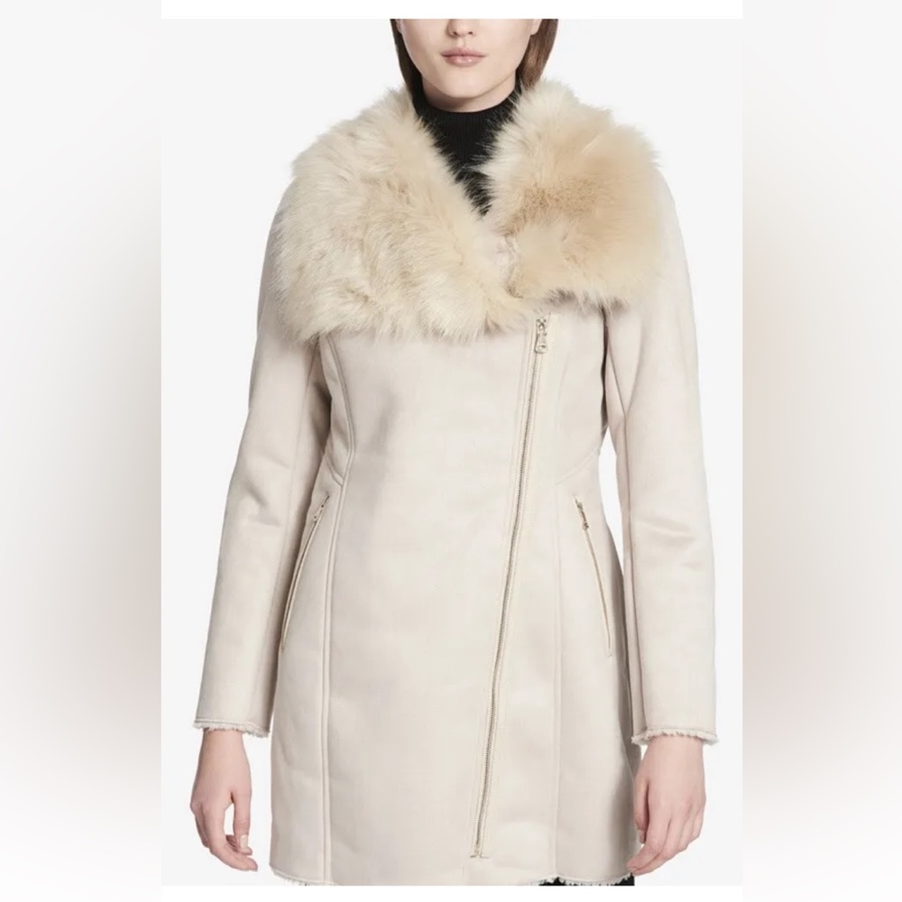 Calvin Klein Asymmetrical Faux-Shearling Coat Latte Size PM